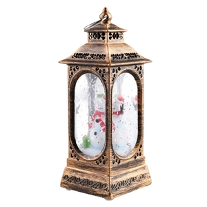 Vintage bronze Christmas lantern with snowman scene and glitter water lighting