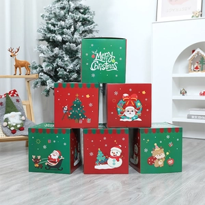 Red and green Christmas gift box set with cartoon Santa and reindeer for festive decor
