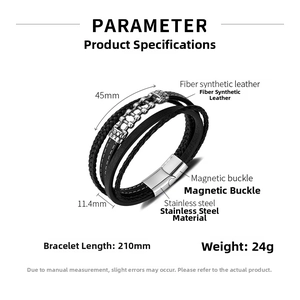 Detailed size specifications of multi-layer woven leather bracelet with magnetic clasp