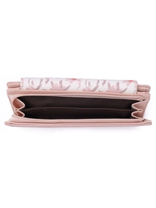 Detail view of the open long pink wallet showing card slots and floral print design
