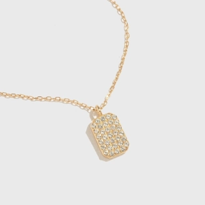Minimalist 14K gold-plated S925 silver square pendant necklace with cubic zirconia pave