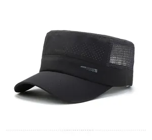 Side view of black cadet cap with breathable mesh and sports logo for outdoor activities
