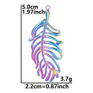 Macro shot of colorful feather pendant with size dimensions and precise weight details