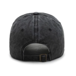 Classic washed black cotton baseball cap featuring a metal adjustable strap and back view