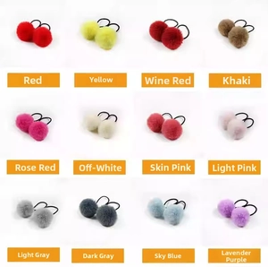 Detailed grid view of 12 colors of soft double pom pom elastic hair ties for girls