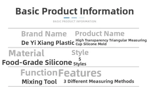 Detailed chart showing five styles of high-transparency silicone measuring cups for resin