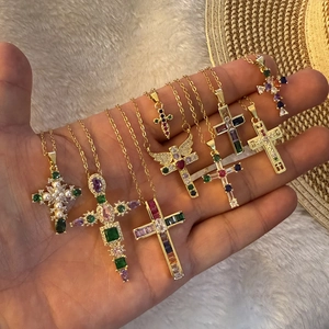Cross Pendant Necklace Copper Stainless Steel With Colorful Zircon Heart Gemstone Vintage Gold Plated Baroque Jewelry