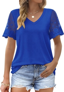 Close-up detail of Royal Blue V-neck T-shirt with elegant floral lace embroidery sleeves