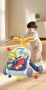 Detail view of multifunctional baby walker featuring musical panel and basketball hoop toy