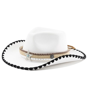 White felt cowboy hat with woven black edging and silver turquoise star buckle accent