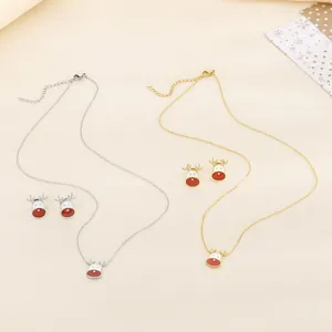 Reindeer Elk Necklace And Stud Earrings Stainless Steel Enamel Christmas Holiday Fashion Jewelry Women