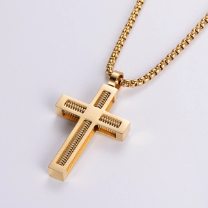 Minimalist gold stainless steel cross pendant necklace with internal spring design detail