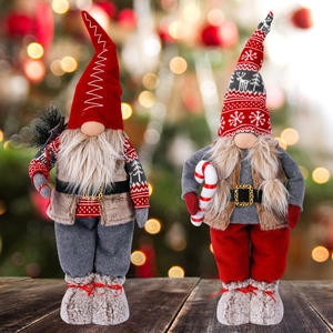 Christmas Gnome Plush Decoration Standing Swedish Tomte Doll Knit Hat Faux Fur Beard Holiday Ornament Indoor Home Decor