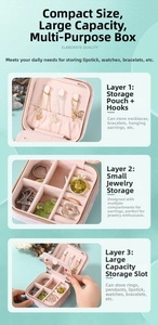 Three-tier pink velvet jewelry box showing hooks, earring slots, and large storage compartments