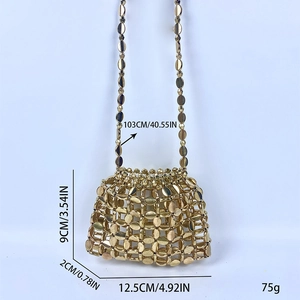Detailed view of handmade gold sequin mini bag showing dimensions and metallic chain