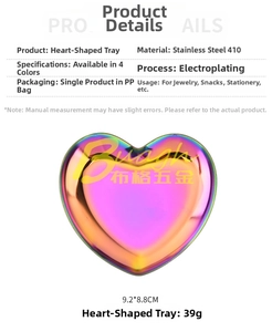 Detailed dimensions and macro view of iridescent heart-shaped stainless steel storage tray