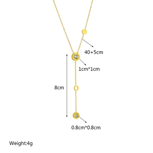 Long gold tassel necklace with blue crystal pendants and dimensions weight 4g