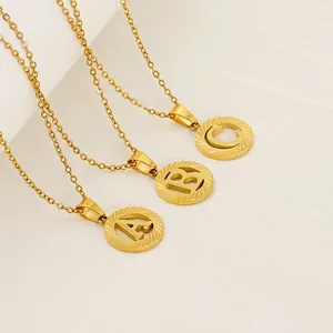 Stainless Steel Initial Letter Necklace 18K Gold Plated Round Hollow Pendant Jewelry Radiant Sunburst Pattern Gift For Women