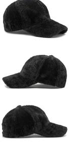 Detailed views of black plush baseball cap featuring ribbed texture and soft warm fabric