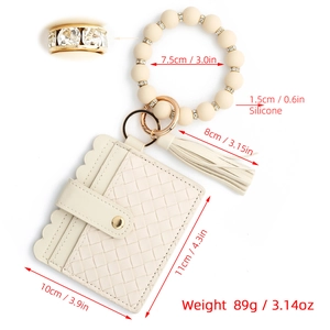 Cream woven PU leather card holder with silicone bead bracelet keychain and long tassel