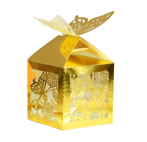 Detailed laser-cut ivory butterfly candy box with shimmering golden finish for weddings