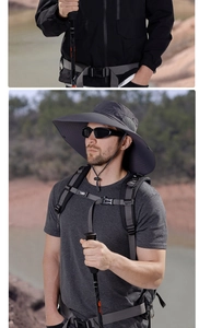 Detail of dark grey wide brim sun hat with breathable mesh and adjustable chin strap