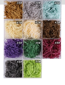Detailed catalog of colorful shredded raffia paper fillers for gift box decoration