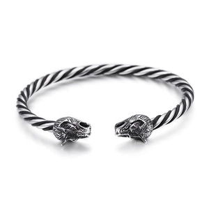 Vintage steel wolf head twisted rope bracelet for men with detailed animal carvings