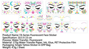 Luminous fluorescent face tattoo stickers with butterfly and moon designs for music festivals