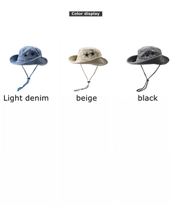 Detailed color display of vintage denim sun hats in light blue, beige, and black
