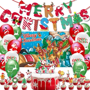 Detailed set of Christmas party decorations with banners, balloons and cake toppers