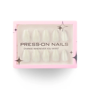 Minimalist cream white press-on nails set in elegant pink box with almond shape
