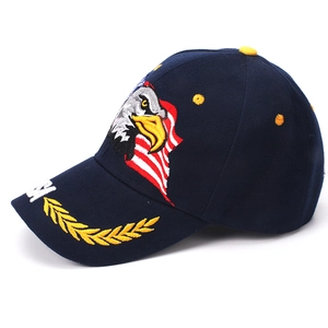 Men's navy blue baseball cap with USA eagle embroidery and curved brim in 45-degree view