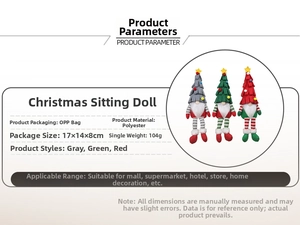 Detailed view of handmade Christmas gnomes with dimensions, weight and polyester fabric specs