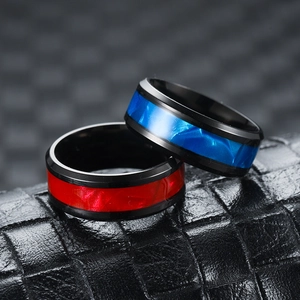 Mens fashion titanium steel shell rings in blue and red on black alligator texture