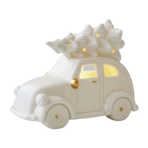 Glow ceramic vintage car figurine with Christmas tree decor for festive tabletop display
