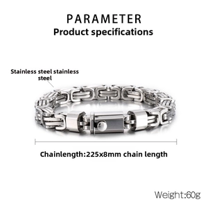 Detail of 8mm stainless steel Byzantine chain bracelet with dimensions 225mm x 8mm