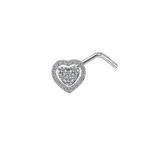 Detailed macro view of L-shaped silver nose stud featuring a heart shape with clear zircons