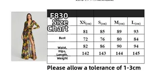 Size chart for floral two-piece dress with measurements for XS, S, M, and L sizes