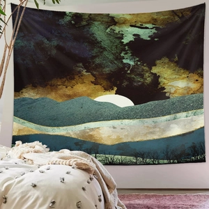 Abstract mountain landscape wall tapestry in a bohemian bedroom setting for home decor