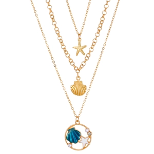 Collana a tre strati dorata con ciondoli a forma di stella marina, conchiglia e perle