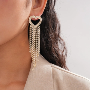 Heart Tassel Earrings With Silver Earring Post Zircon Rhinestone Copper Long Dangle Fashion For Women Light Luxury