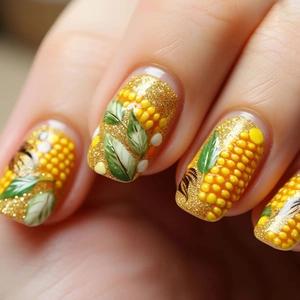 Press On Nails Corn Theme 3D Textured Gold Glitter Autumn Harvest Design Sweet Fresh Style For Women