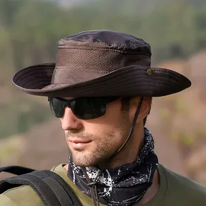 Men's dark brown wide brim outdoor fishing hat with breathable mesh and chin strap