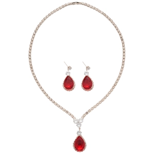Elegant red teardrop gemstone jewelry set with necklace and earrings in silver finish