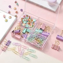 Macro view of macaron colored paper clips and binder clips in a four-grid storage box