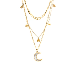 Three-layer gold stainless steel necklace featuring star charms and a crescent moon pendant