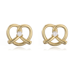 Golden pretzel knot earrings with a sparkling round diamond center on white background