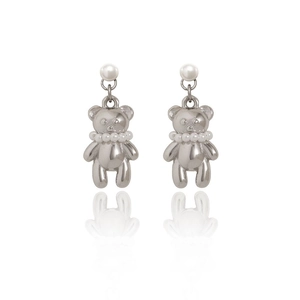 Silver bear drop earrings with pearls and polished finish, front view on white base