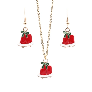 Christmas Bell Necklace And Earrings Jewelry Alloy Enamel Red Bell Green Bowknot Festive Holiday Ornament Women